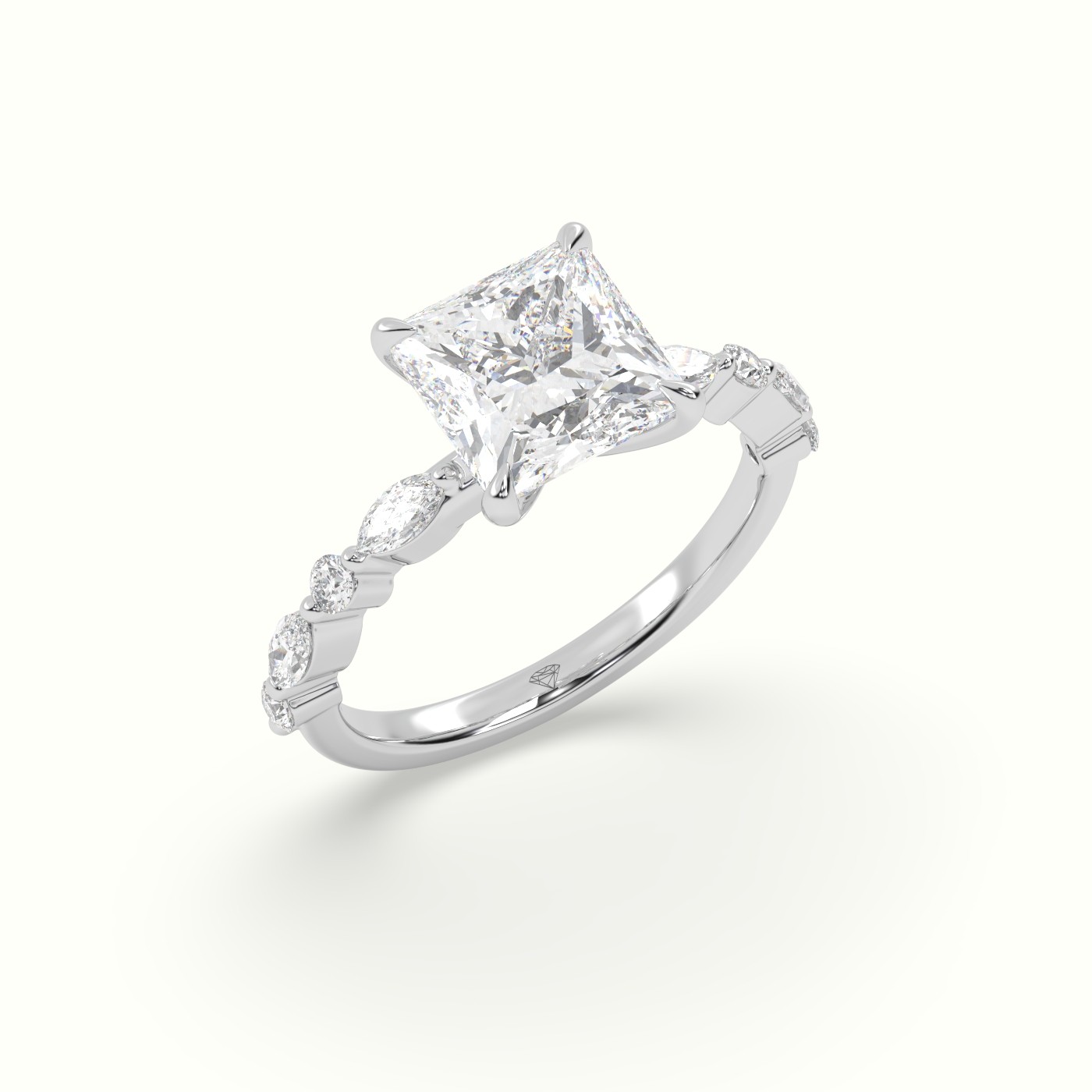 18K White Gold Princess Cut Diamond Engagement Ring with Marquise and Round Side Stones