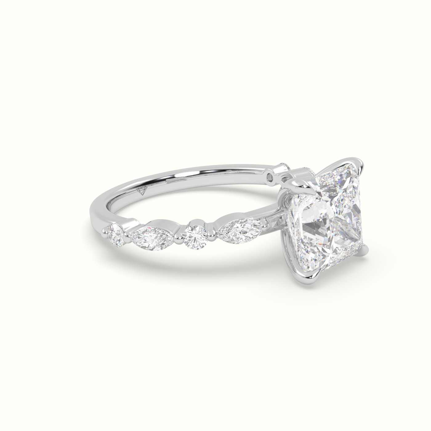 18K White Gold Princess Cut Diamond Engagement Ring with Marquise and Round Side Stones