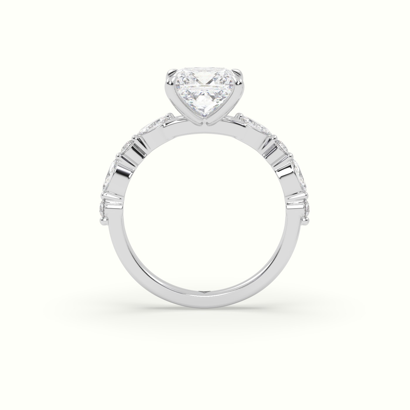 18K White Gold Princess Cut Diamond Engagement Ring with Marquise and Round Side Stones
