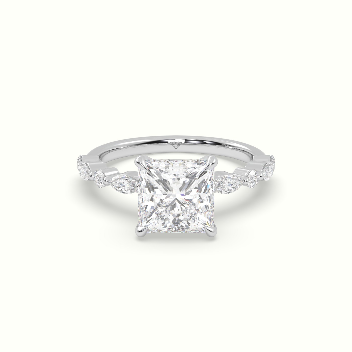 18K White Gold Princess Cut Diamond Engagement Ring with Marquise and Round Side Stones