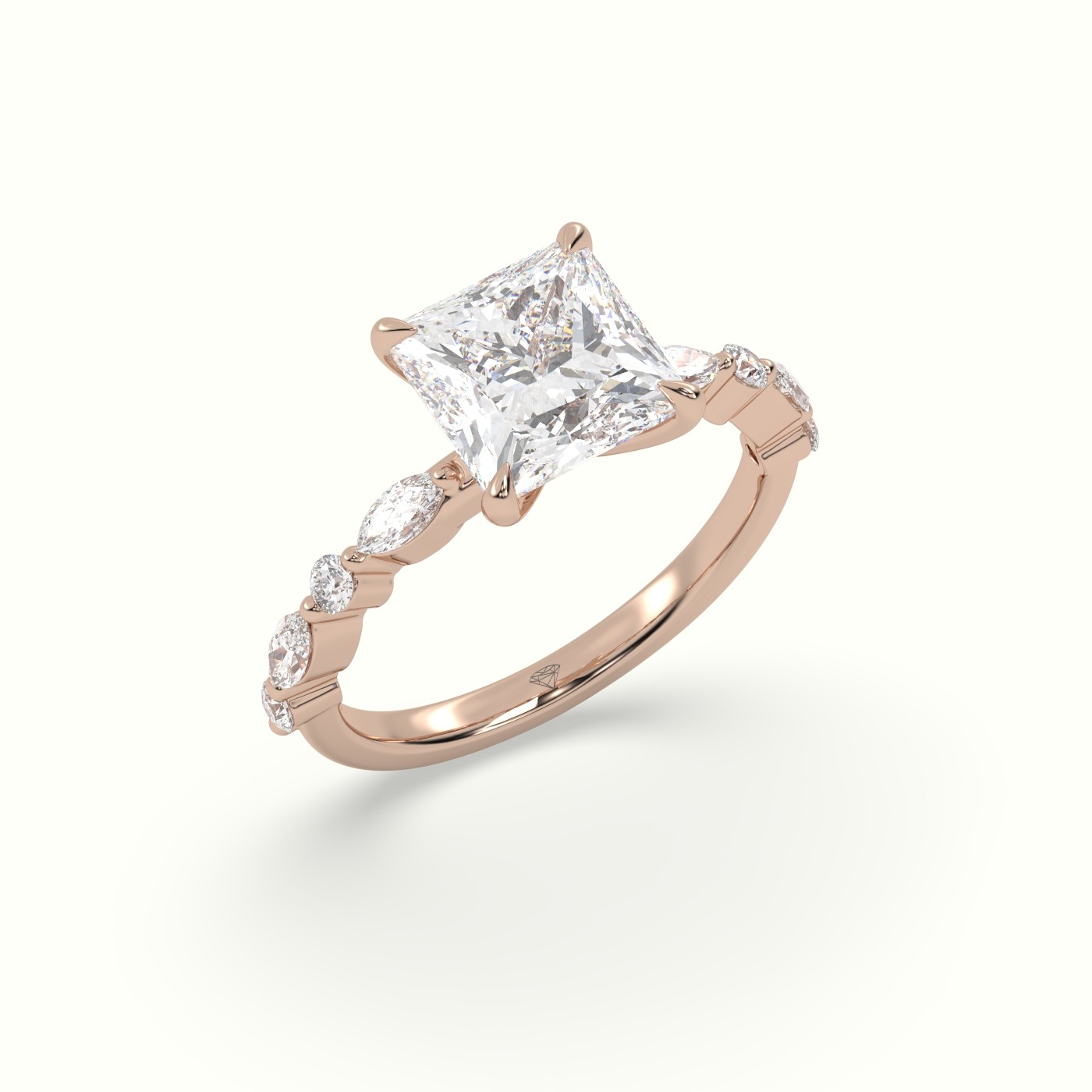 18K Rose Gold Princess Cut Diamond Engagement Ring with Marquise and Round Side Stones