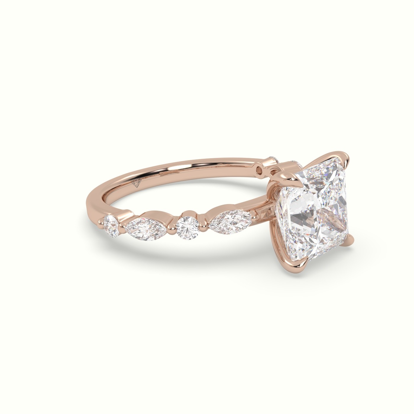 18K Rose Gold Princess Cut Diamond Engagement Ring with Marquise and Round Side Stones