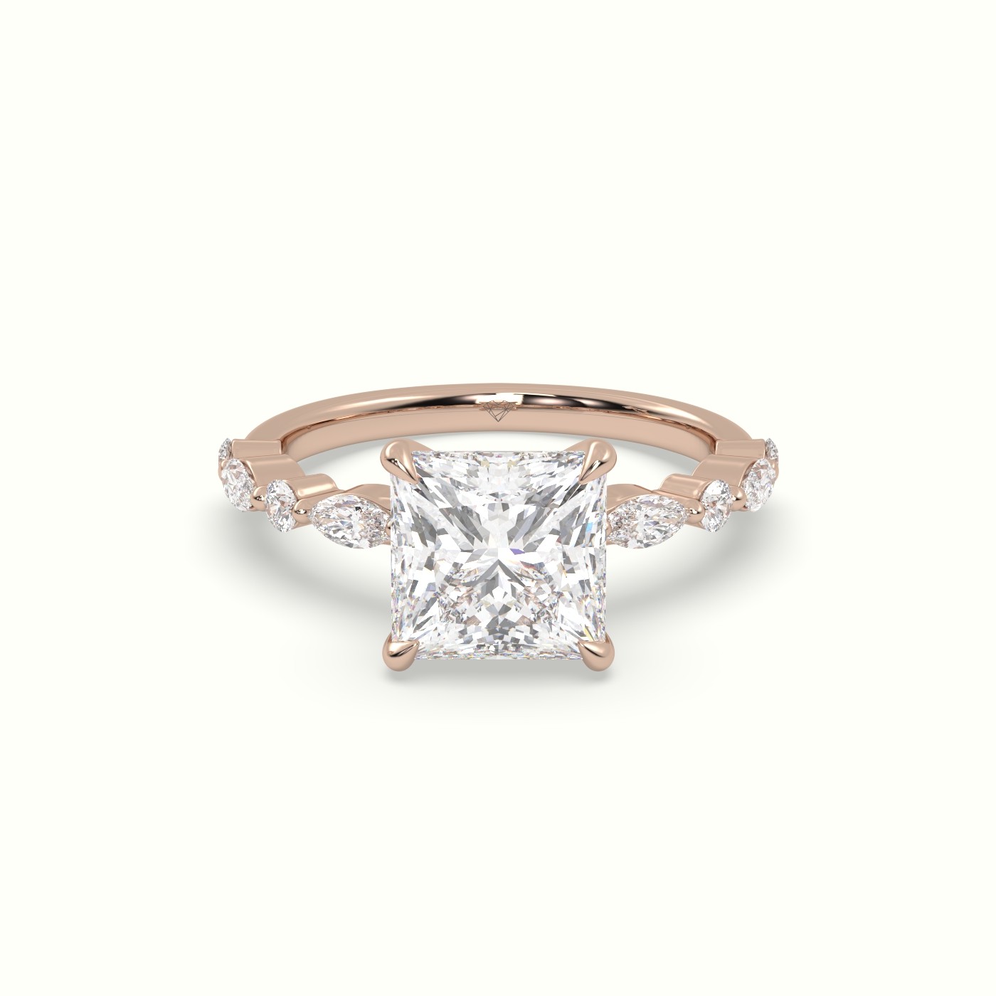 18K Rose Gold Princess Cut Diamond Engagement Ring with Marquise and Round Side Stones