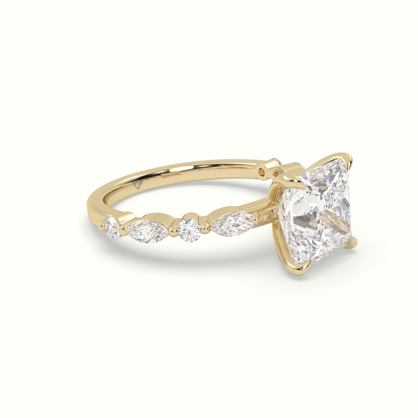 18K Yellow Gold Princess Cut Diamond Engagement Ring with Marquise and Round Side Stones