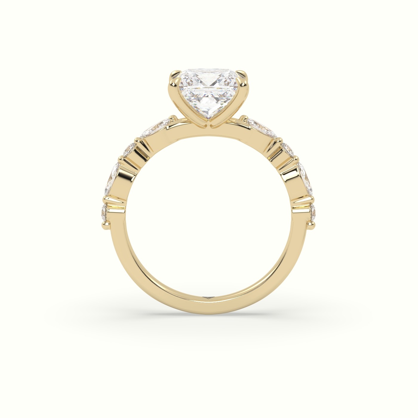 18K Yellow Gold Princess Cut Diamond Engagement Ring with Marquise and Round Side Stones