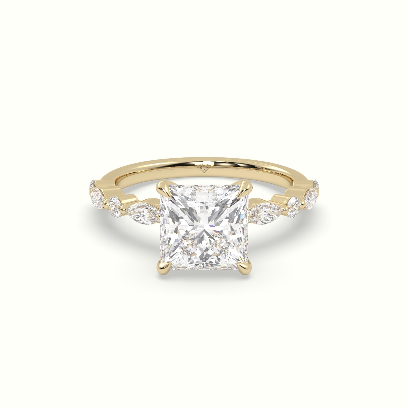 18K Yellow Gold Princess Cut Diamond Engagement Ring with Marquise and Round Side Stones