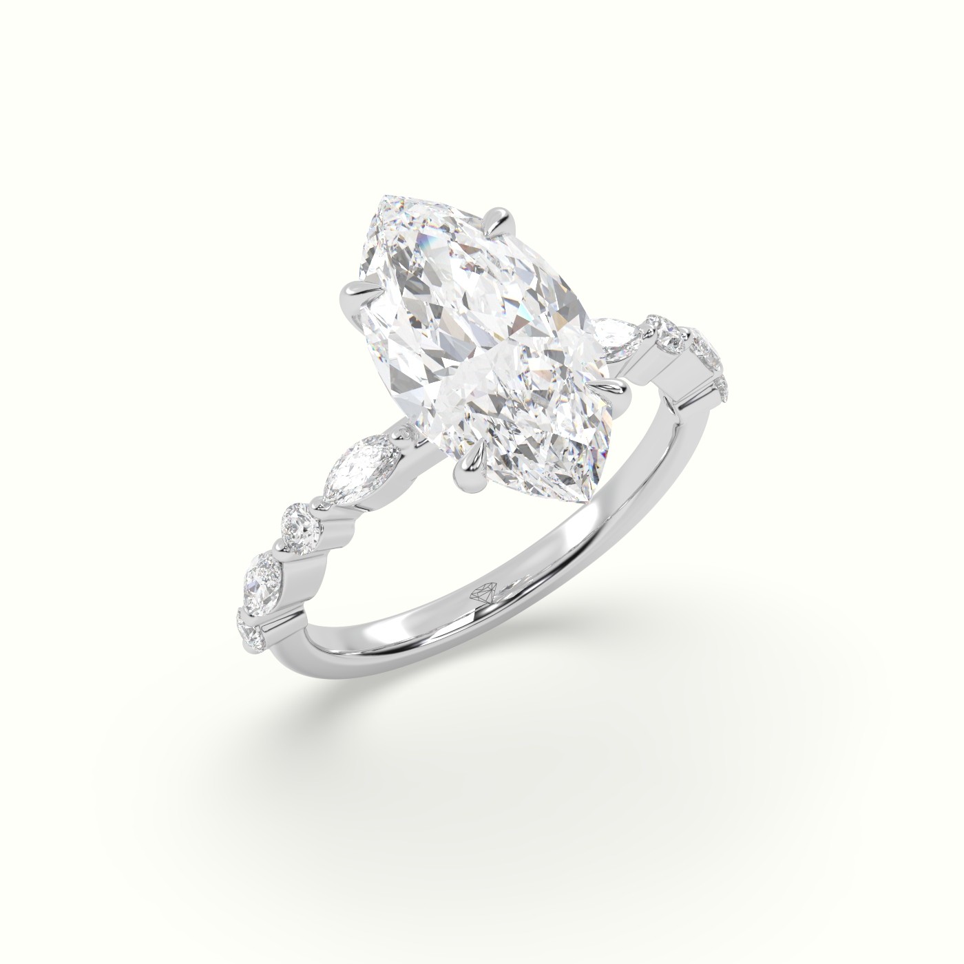 18K White Gold Marquise Cut Diamond Engagement Ring with Marquise and Round Side Stones