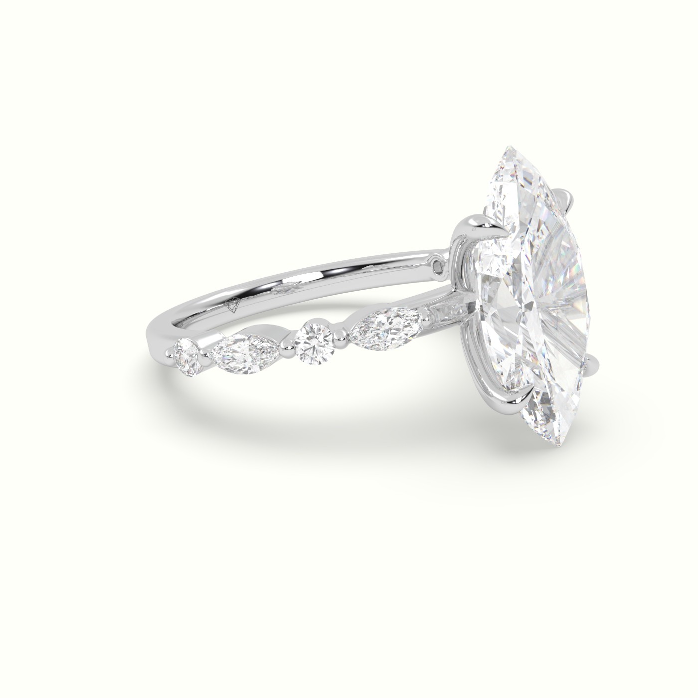 18K White Gold Marquise Cut Diamond Engagement Ring with Marquise and Round Side Stones