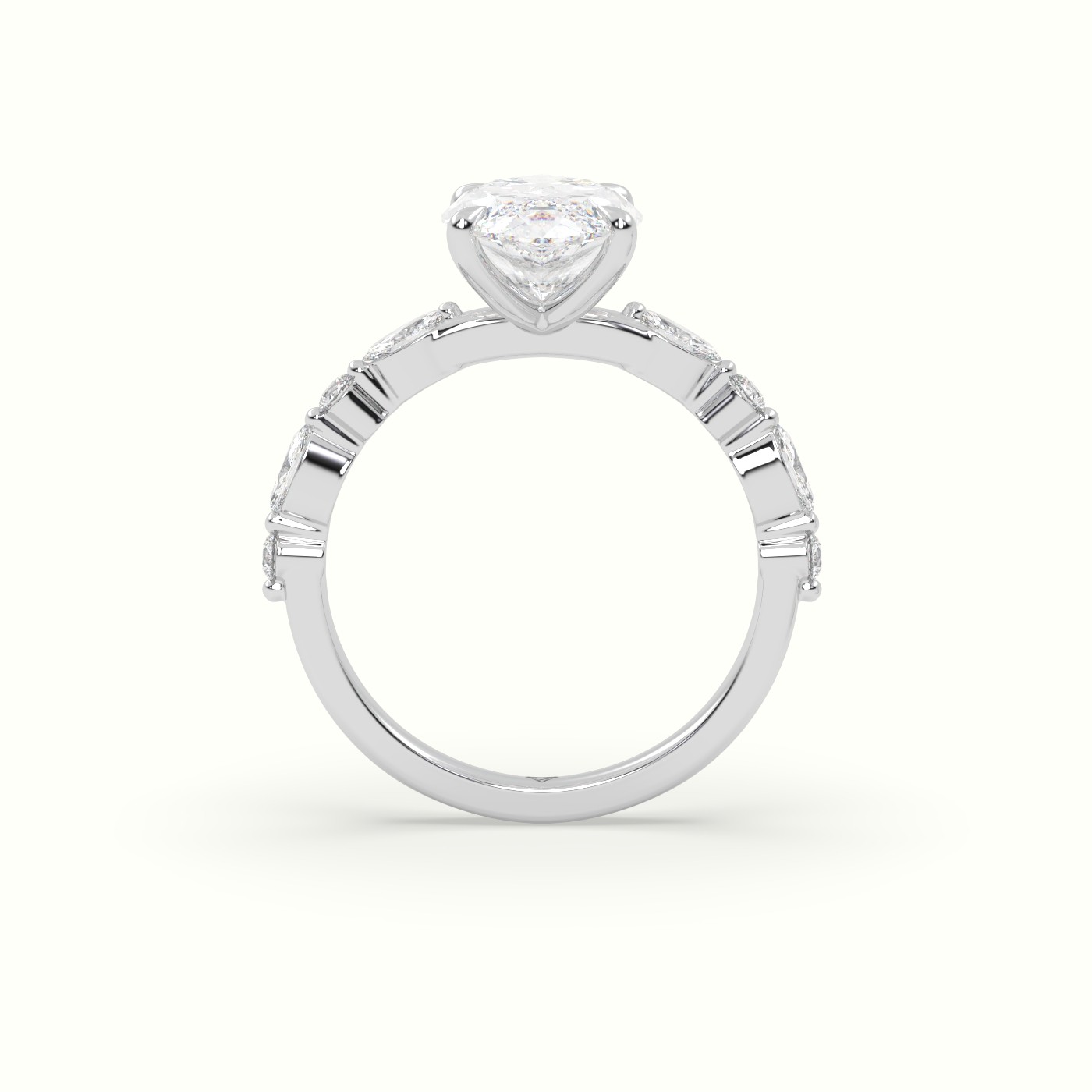 18K White Gold Marquise Cut Diamond Engagement Ring with Marquise and Round Side Stones