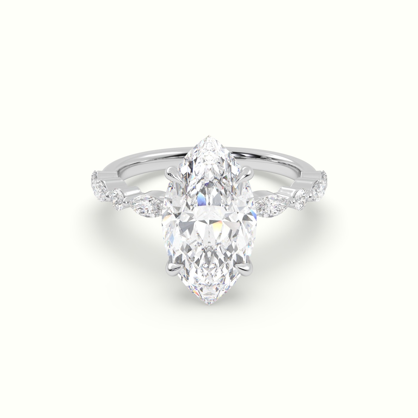 18K White Gold Marquise Cut Diamond Engagement Ring with Marquise and Round Side Stones