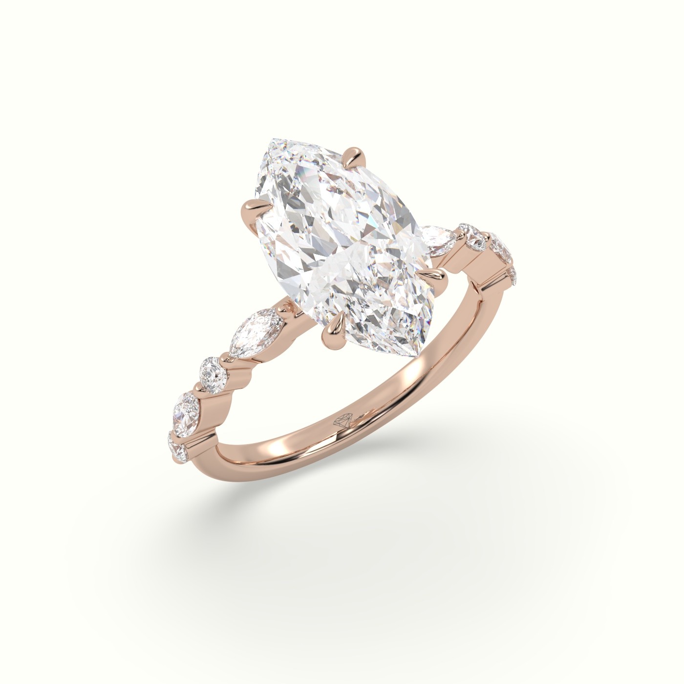 18K Rose Gold Marquise Cut Diamond Engagement Ring with Marquise and Round Side Stones