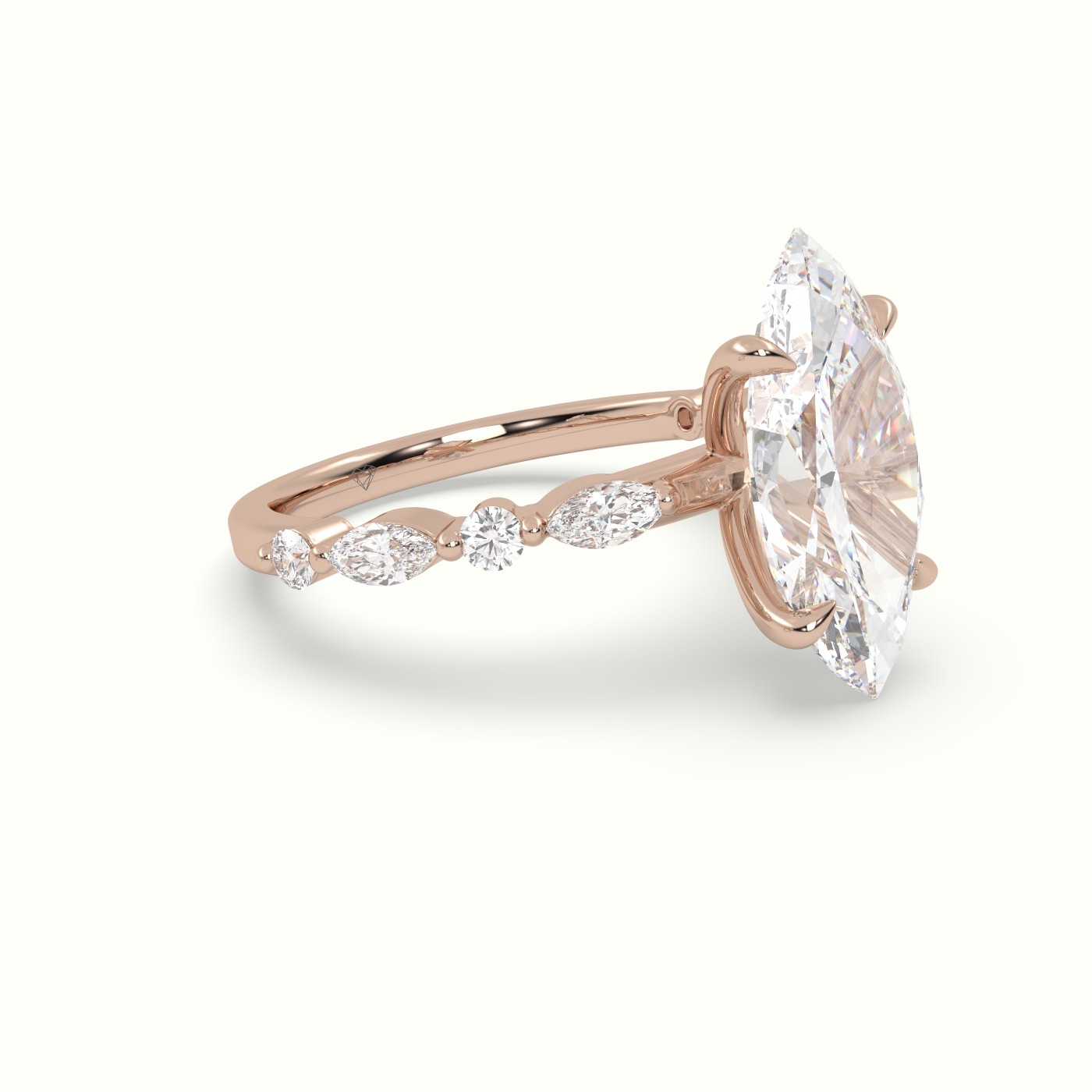 18K Rose Gold Marquise Cut Diamond Engagement Ring with Marquise and Round Side Stones