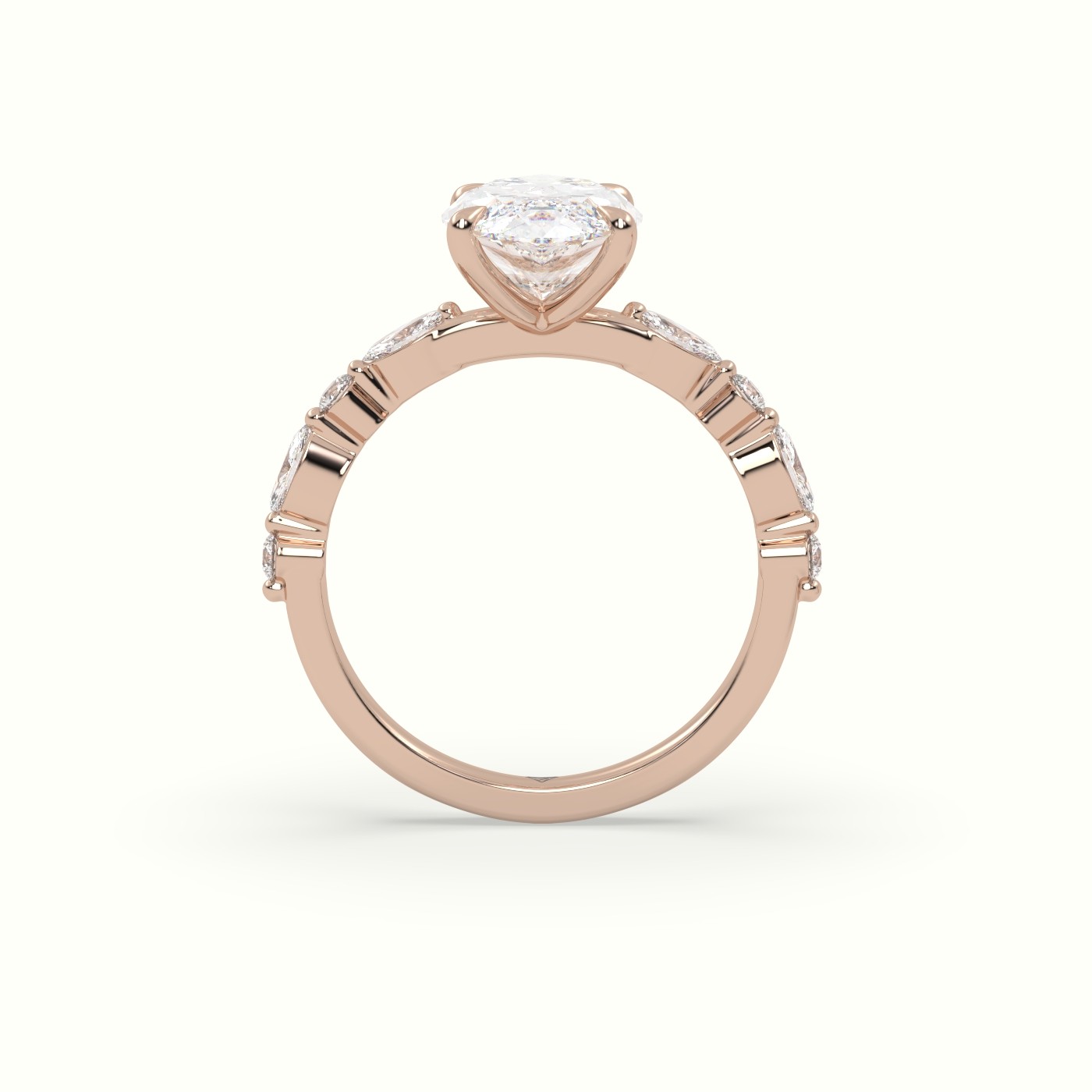 18K Rose Gold Marquise Cut Diamond Engagement Ring with Marquise and Round Side Stones