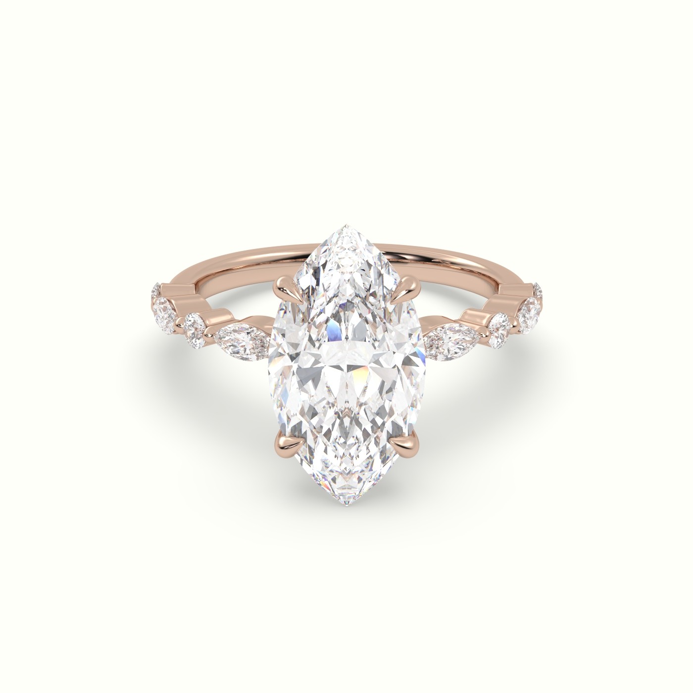 18K Rose Gold Marquise Cut Diamond Engagement Ring with Marquise and Round Side Stones