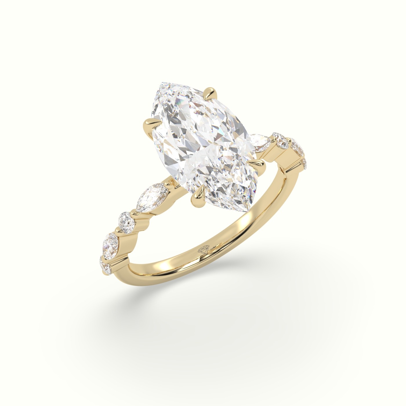 18K Yellow Gold Marquise Cut Diamond Engagement Ring with Marquise and Round Side Stones