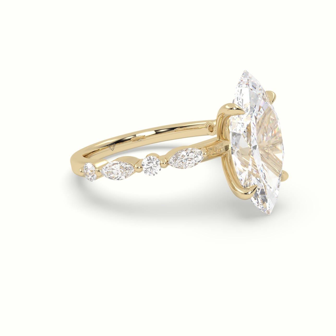 18K Yellow Gold Marquise Cut Diamond Engagement Ring with Marquise and Round Side Stones