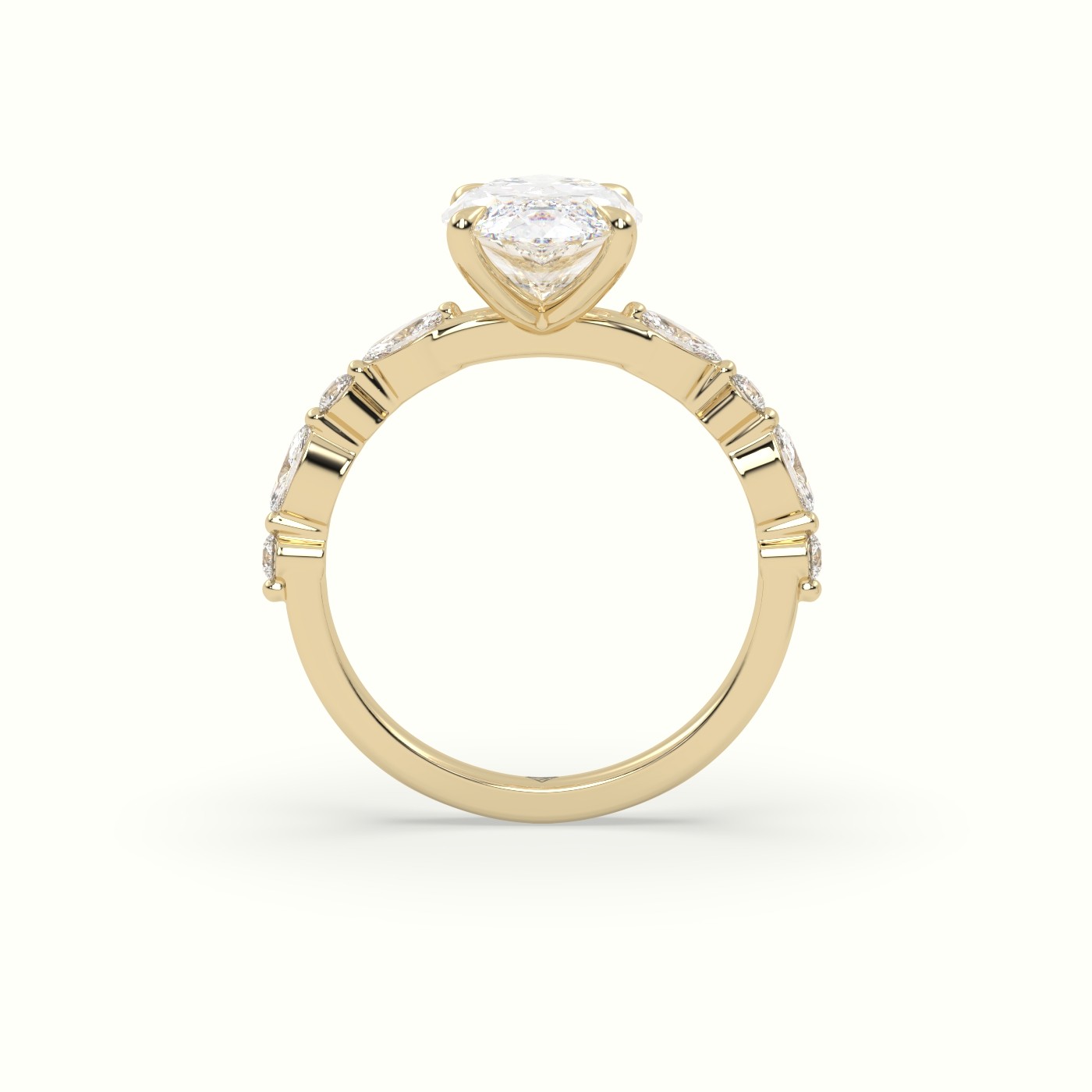 18K Yellow Gold Marquise Cut Diamond Engagement Ring with Marquise and Round Side Stones