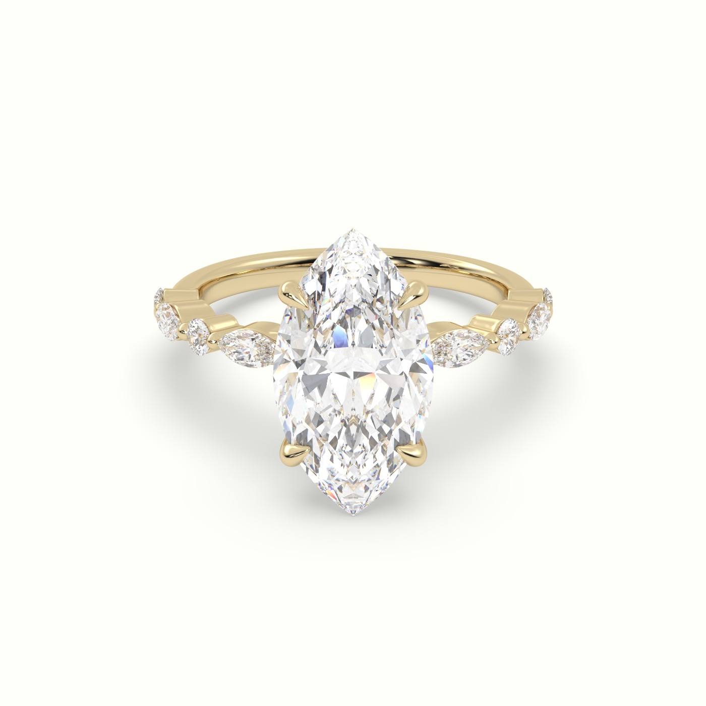 18K Yellow Gold Marquise Cut Diamond Engagement Ring with Marquise and Round Side Stones