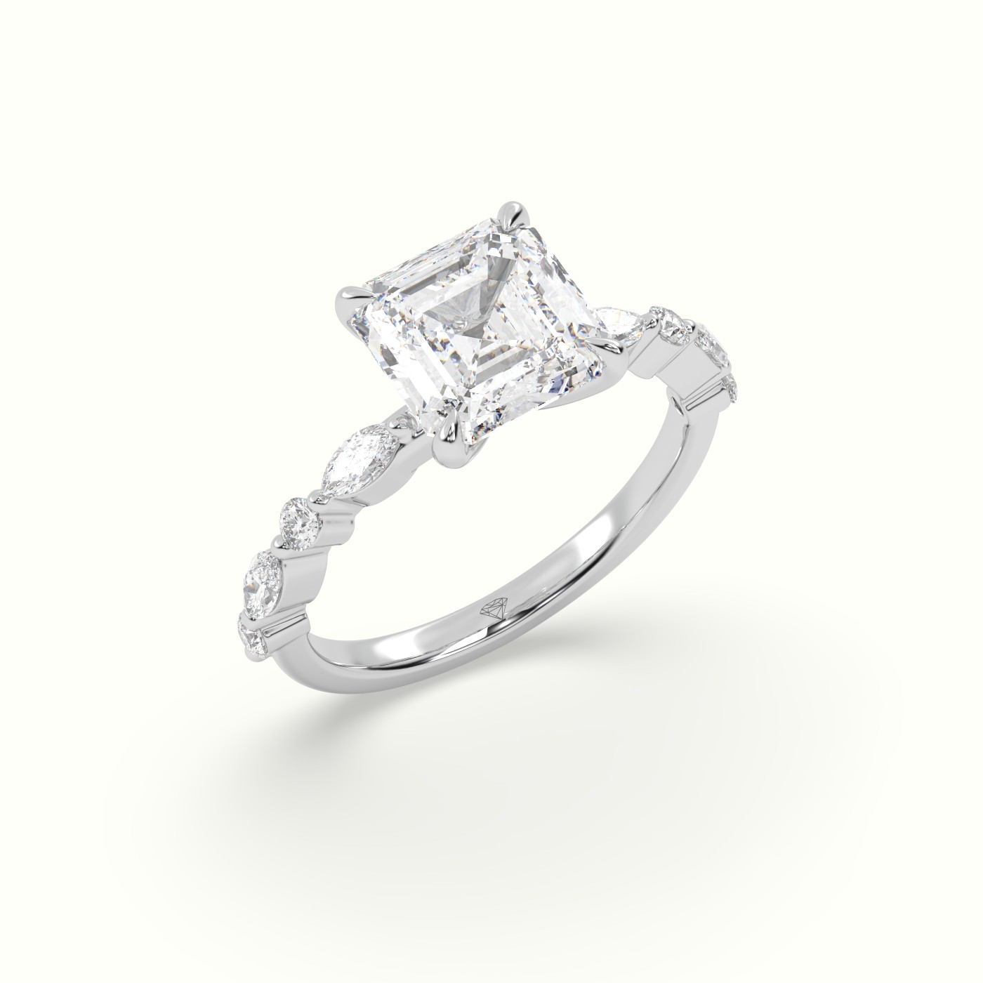 18K White Gold Asscher Cut Diamond Engagement Ring with Marquise and Round Side Stones
