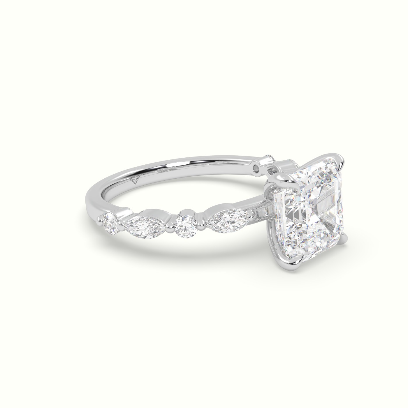 18K White Gold Asscher Cut Diamond Engagement Ring with Marquise and Round Side Stones