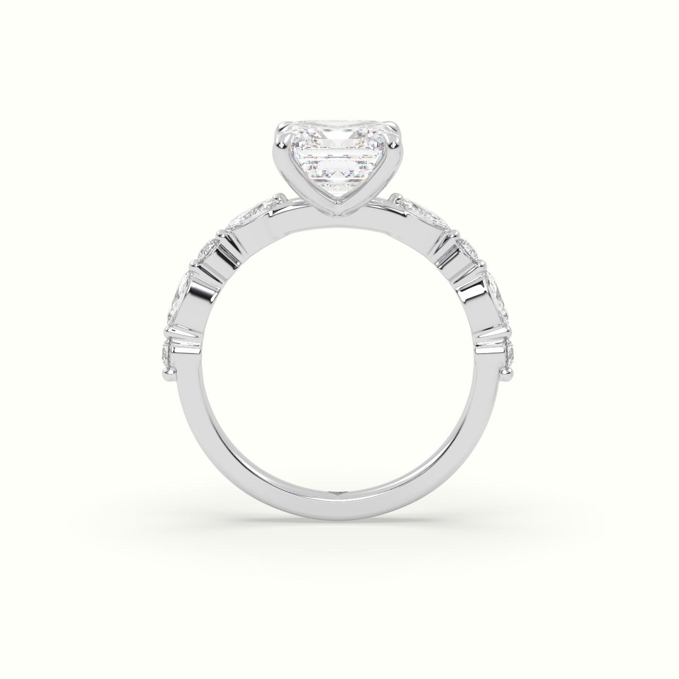 18K White Gold Asscher Cut Diamond Engagement Ring with Marquise and Round Side Stones