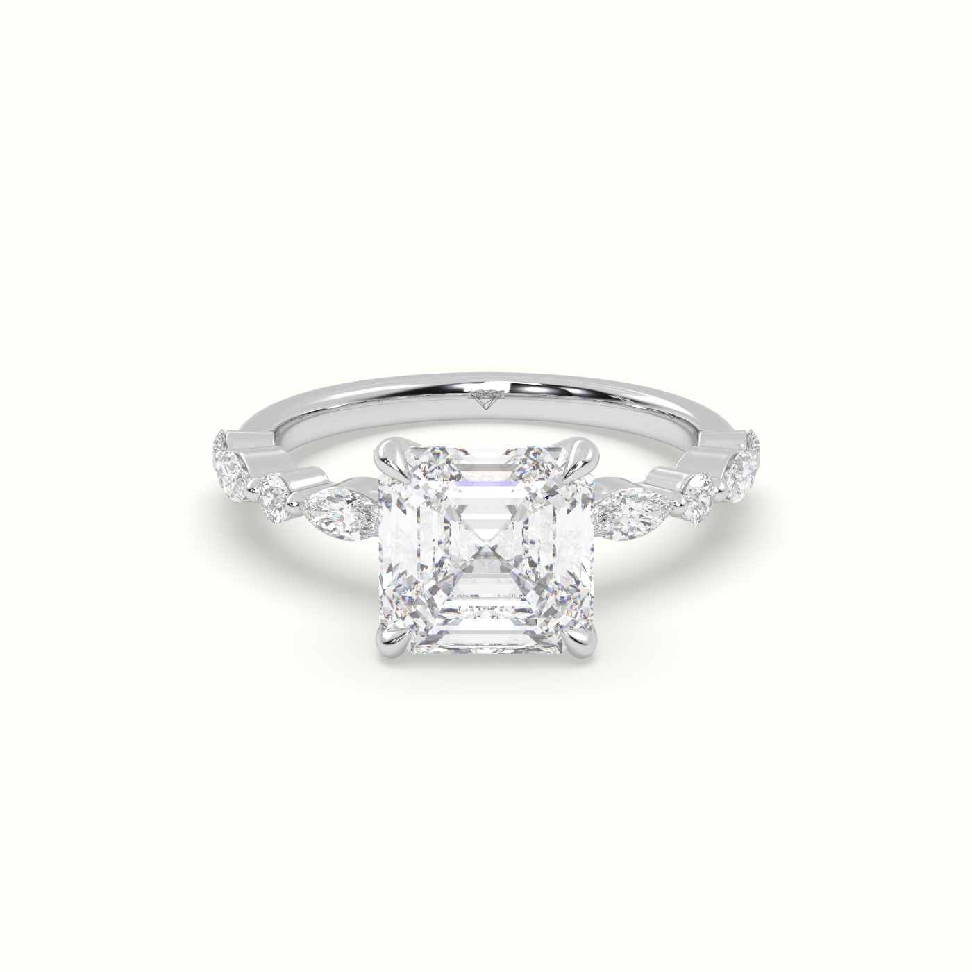18K White Gold Asscher Cut Diamond Engagement Ring with Marquise and Round Side Stones