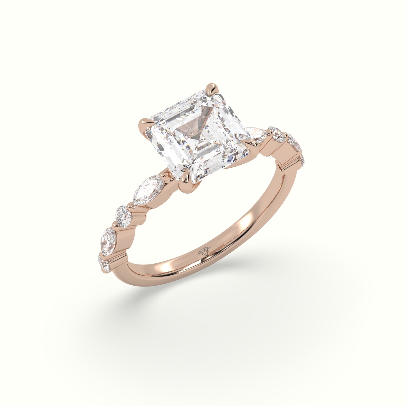 18K Rose Gold Asscher Cut Diamond Engagement Ring with Marquise and Round Side Stones