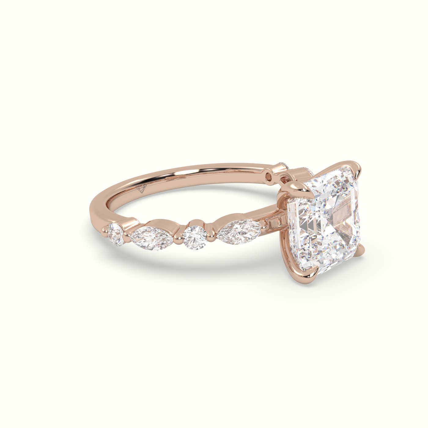 18K Rose Gold Asscher Cut Diamond Engagement Ring with Marquise and Round Side Stones