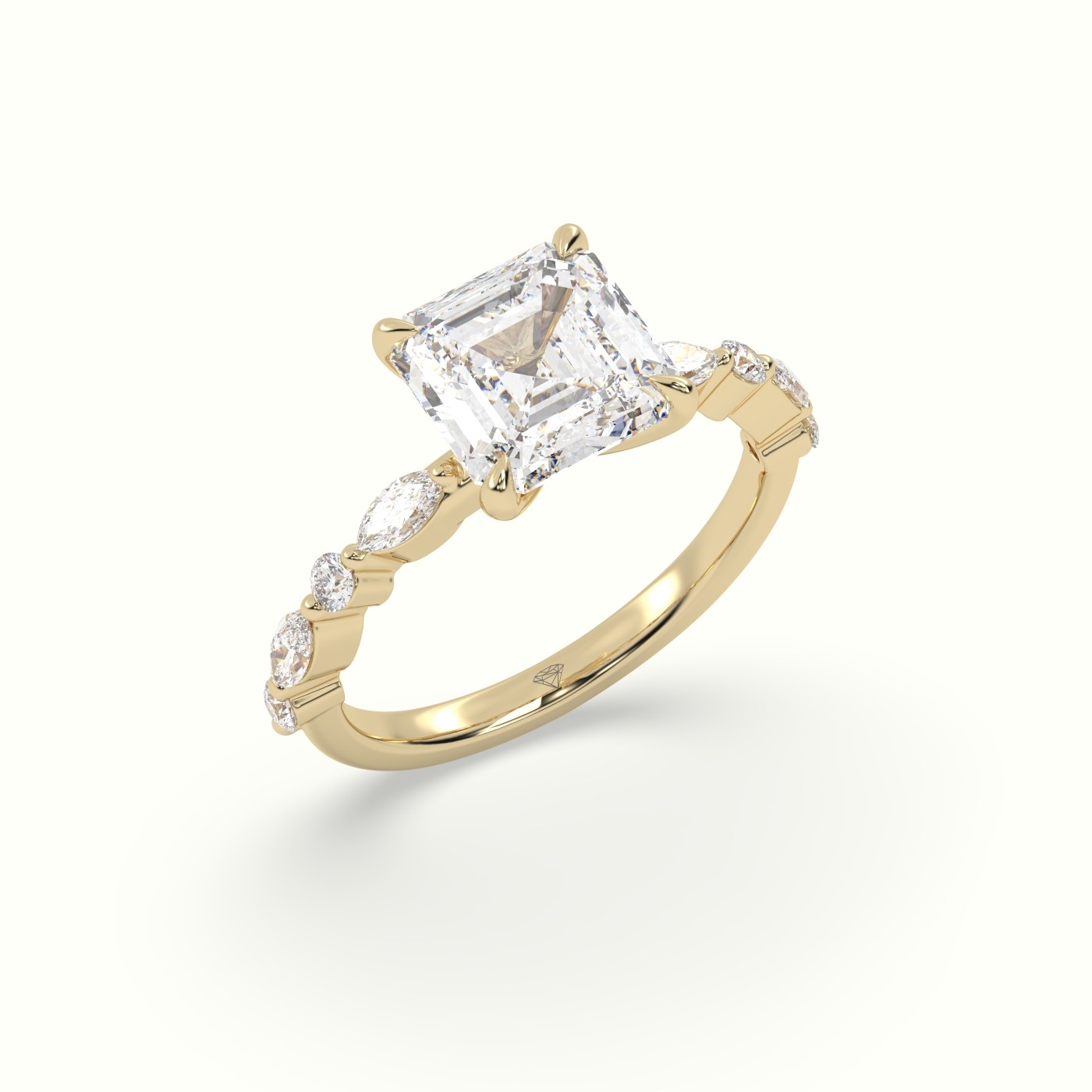 18K Yellow Gold Asscher Cut Diamond Engagement Ring with Marquise and Round Side Stones
