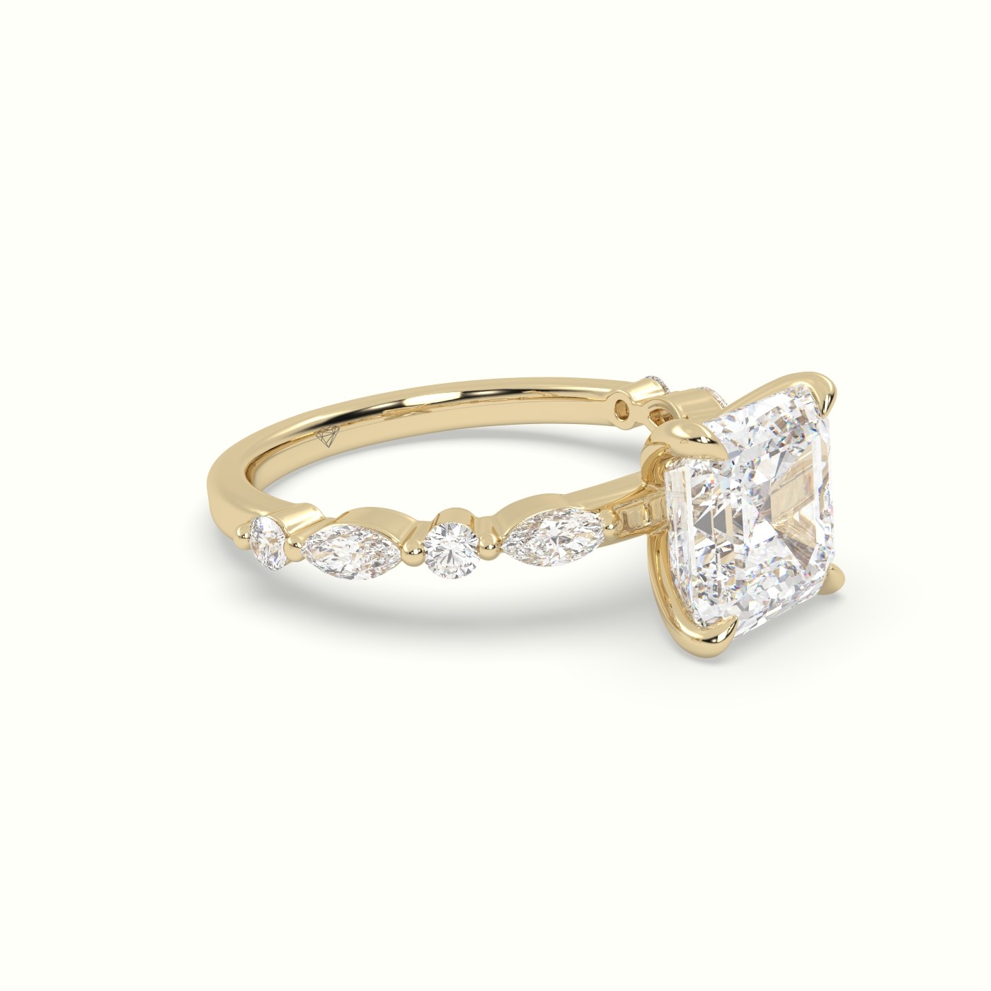 18K Yellow Gold Asscher Cut Diamond Engagement Ring with Marquise and Round Side Stones