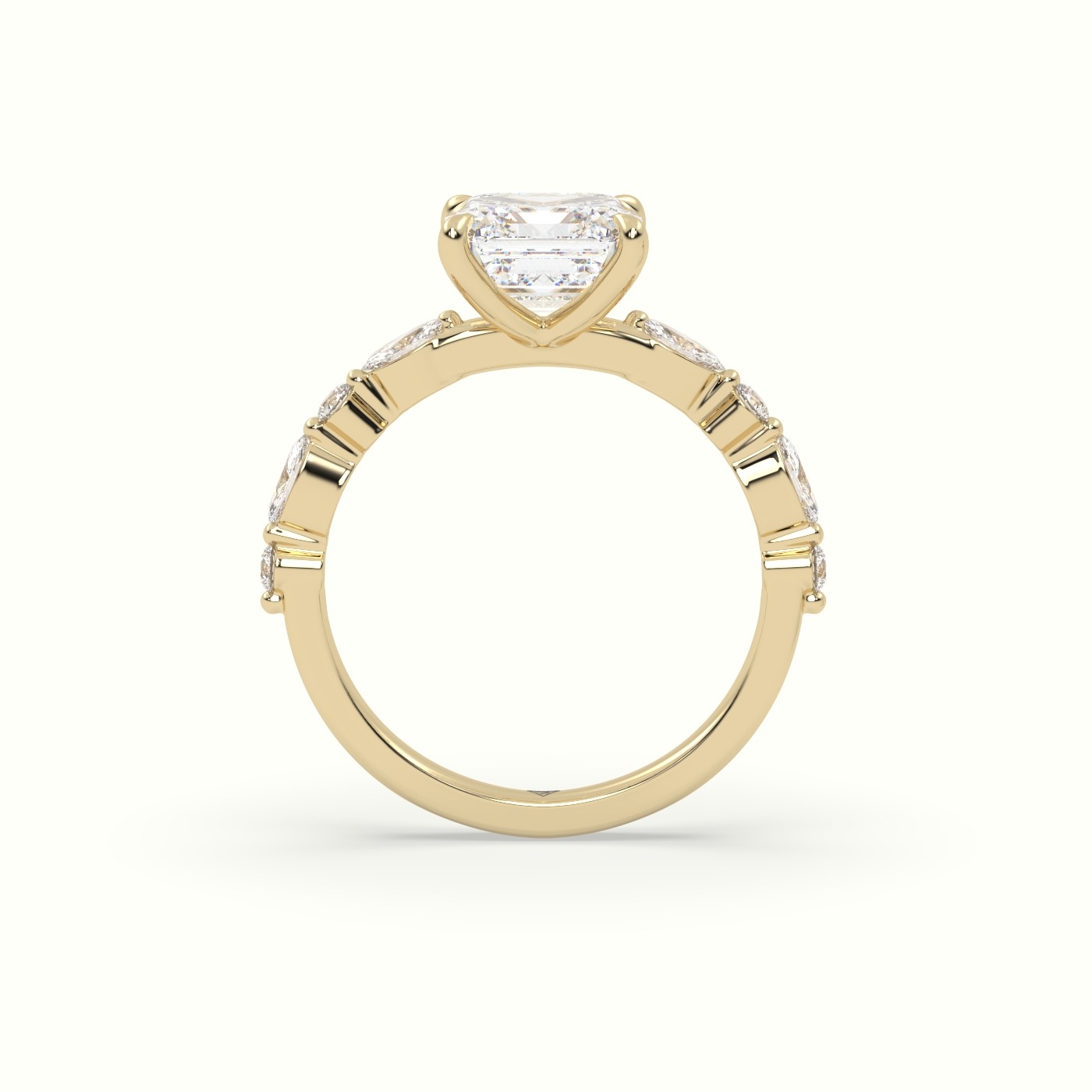 18K Yellow Gold Asscher Cut Diamond Engagement Ring with Marquise and Round Side Stones