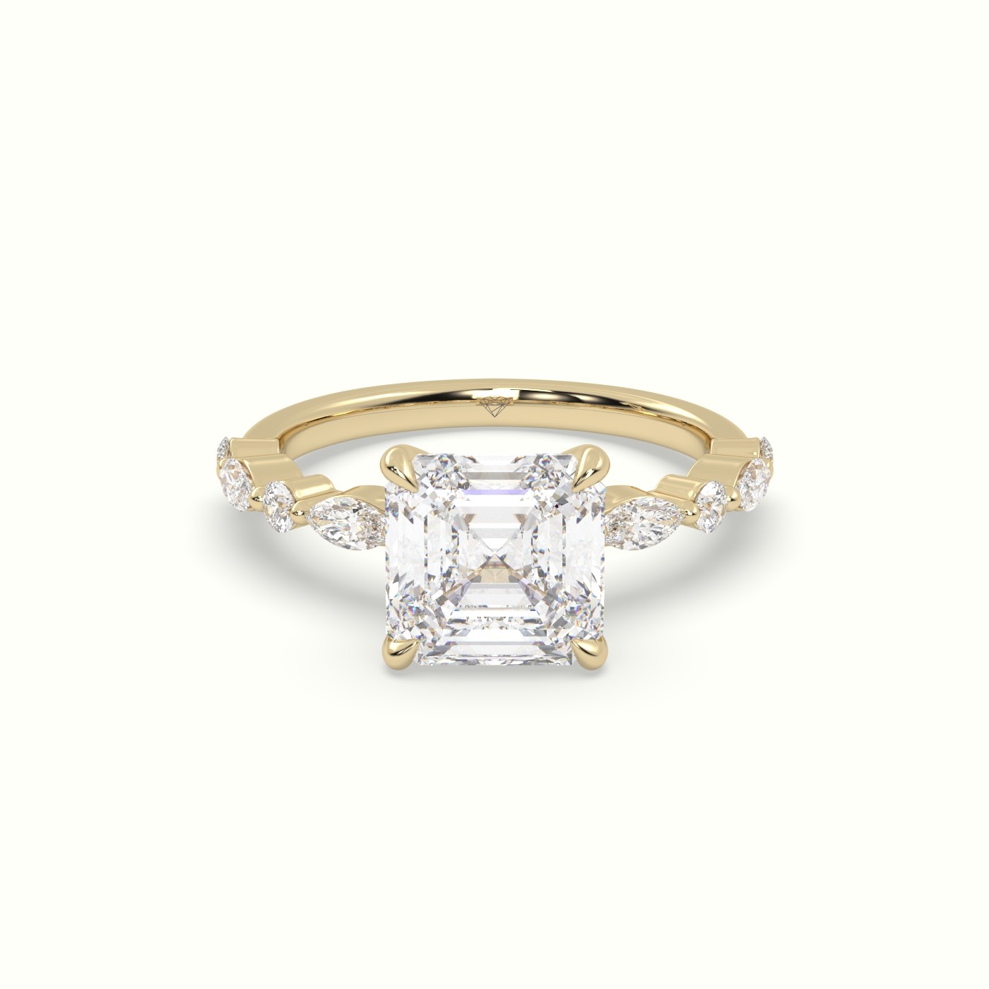 18K Yellow Gold Asscher Cut Diamond Engagement Ring with Marquise and Round Side Stones