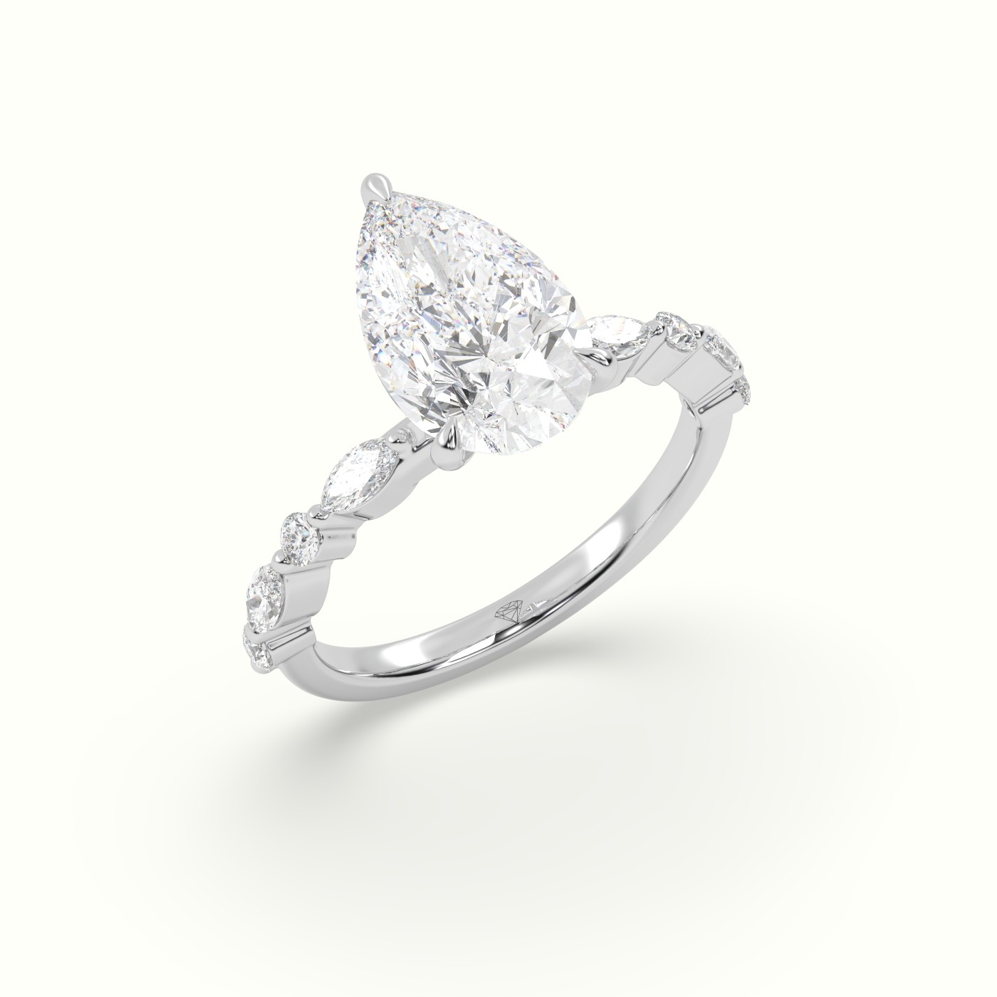18K White Gold Pear Cut Diamond Engagement Ring with Marquise and Round Side Stones
