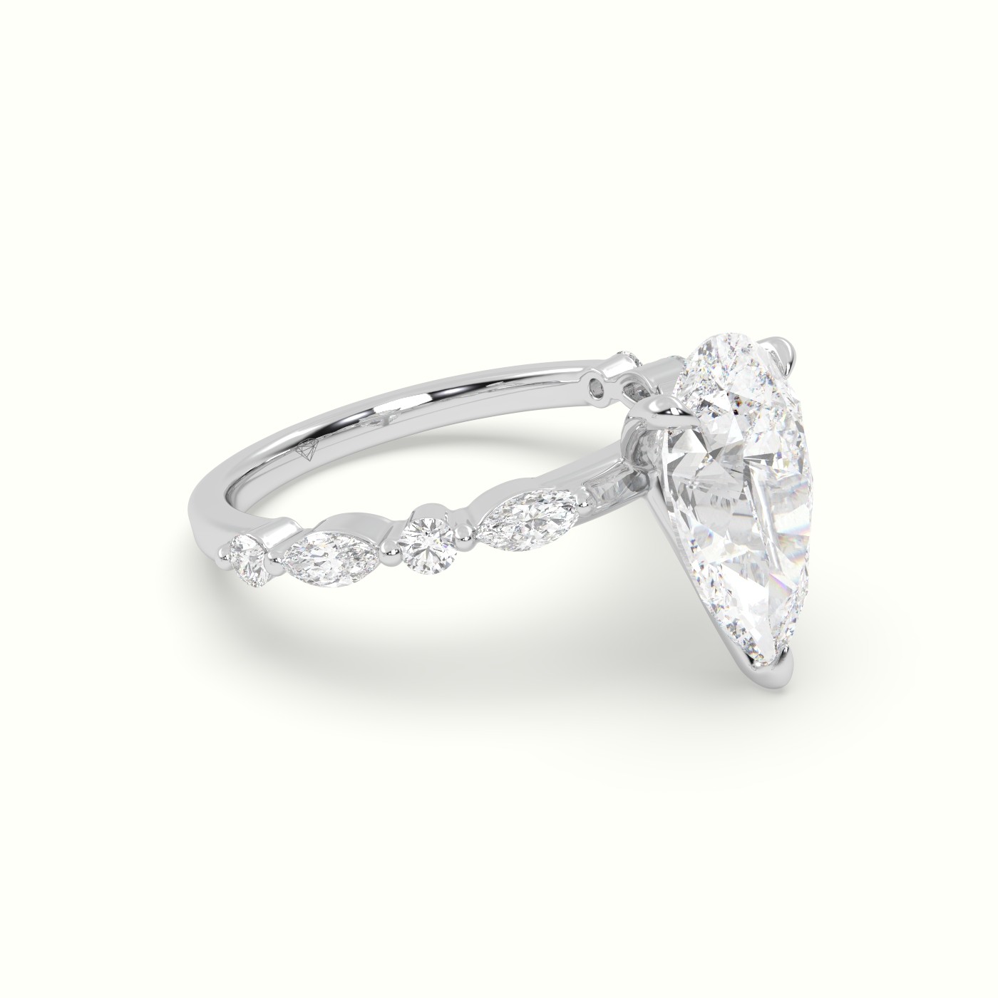 18K White Gold Pear Cut Diamond Engagement Ring with Marquise and Round Side Stones