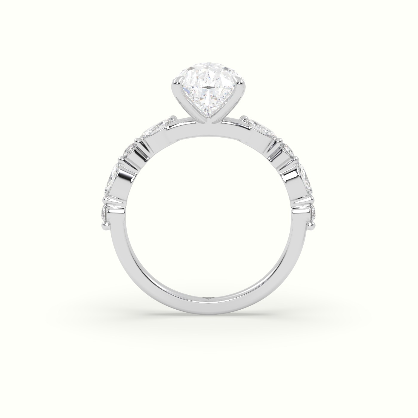 18K White Gold Pear Cut Diamond Engagement Ring with Marquise and Round Side Stones