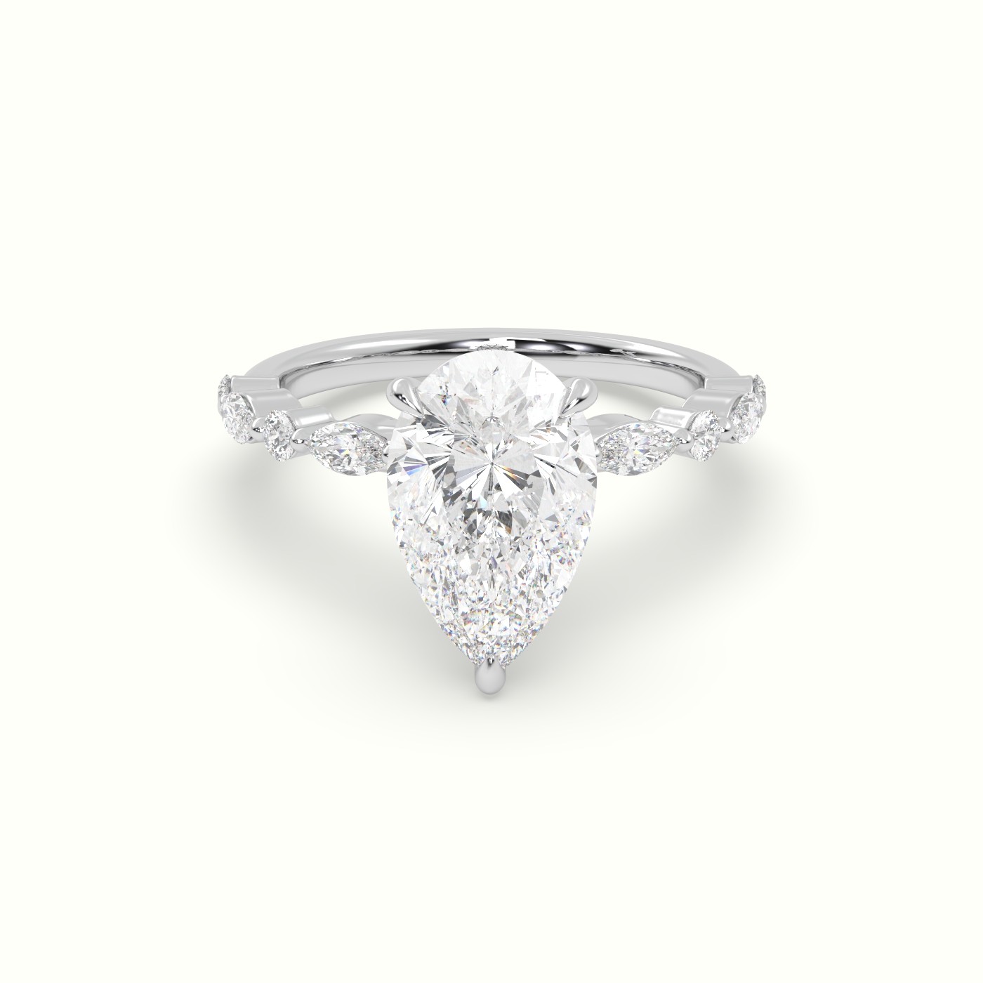 18K White Gold Pear Cut Diamond Engagement Ring with Marquise and Round Side Stones