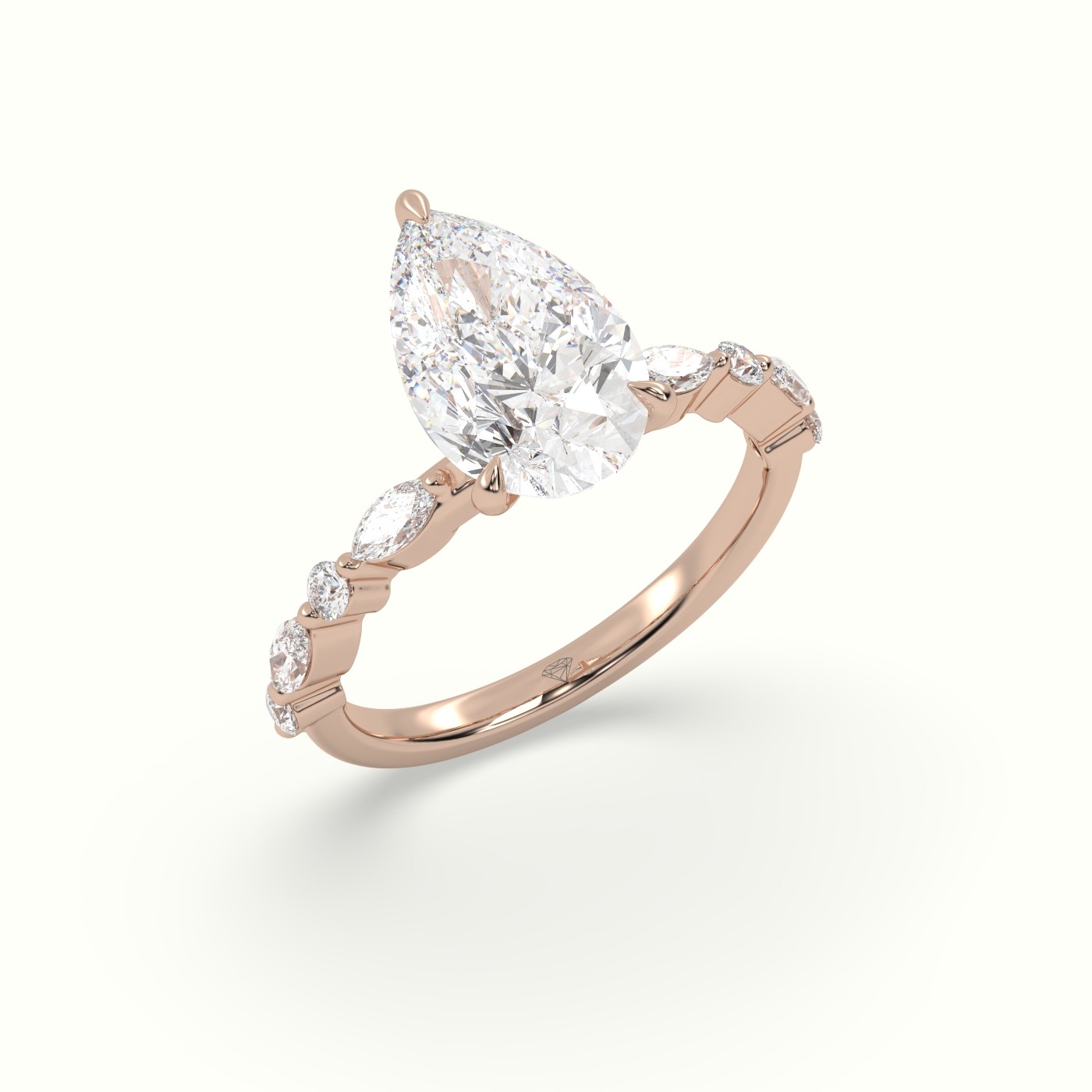 18K Rose Gold Pear Cut Diamond Engagement Ring with Marquise and Round Side Stones
