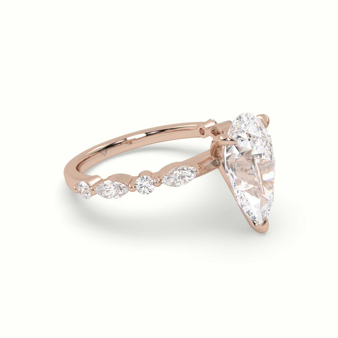 18K Rose Gold Pear Cut Diamond Engagement Ring with Marquise and Round Side Stones