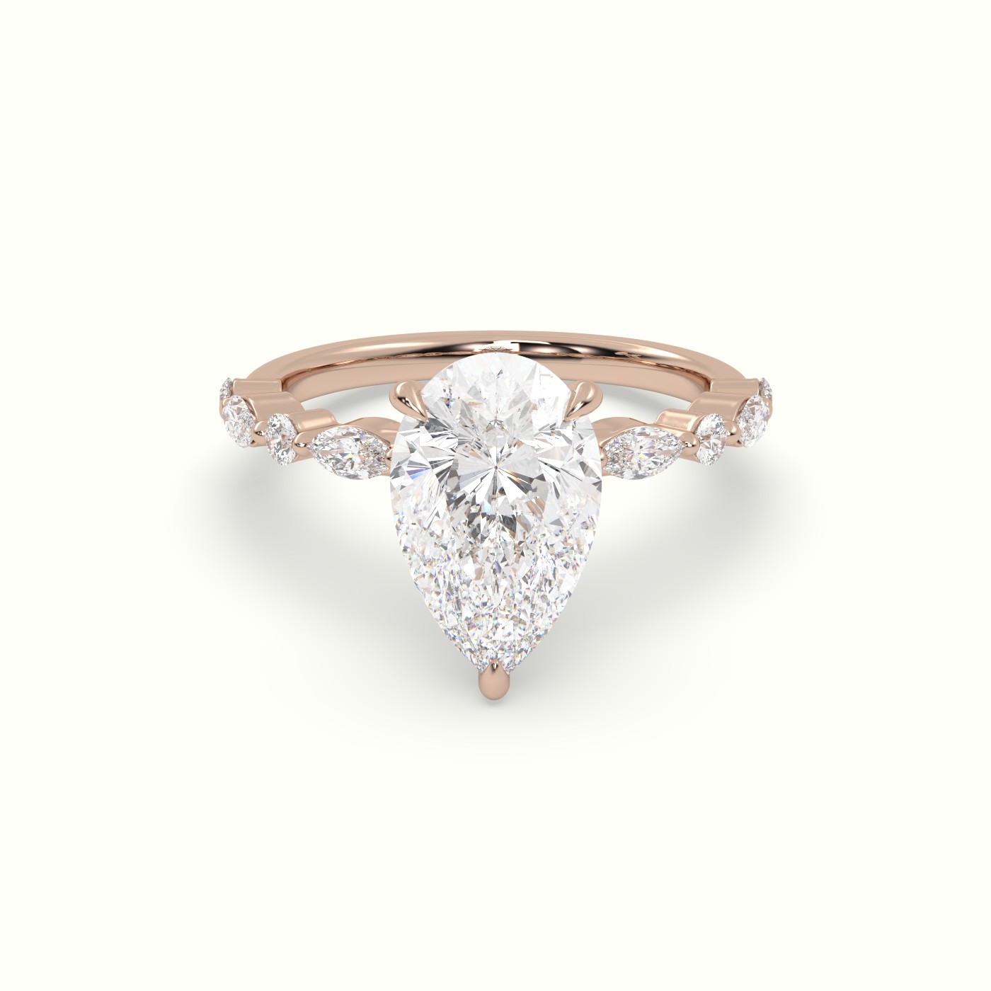 18K Rose Gold Pear Cut Diamond Engagement Ring with Marquise and Round Side Stones