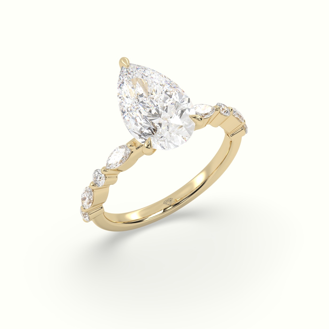 18K Yellow Gold Pear Cut Diamond Engagement Ring with Marquise and Round Side Stones