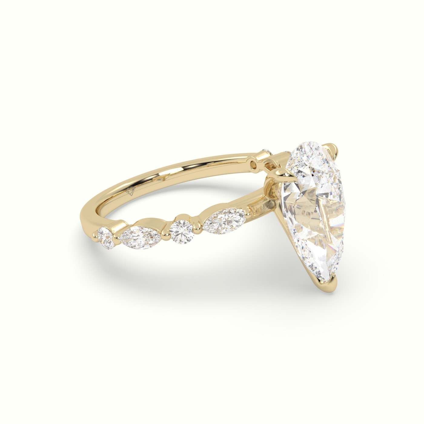 18K Yellow Gold Pear Cut Diamond Engagement Ring with Marquise and Round Side Stones