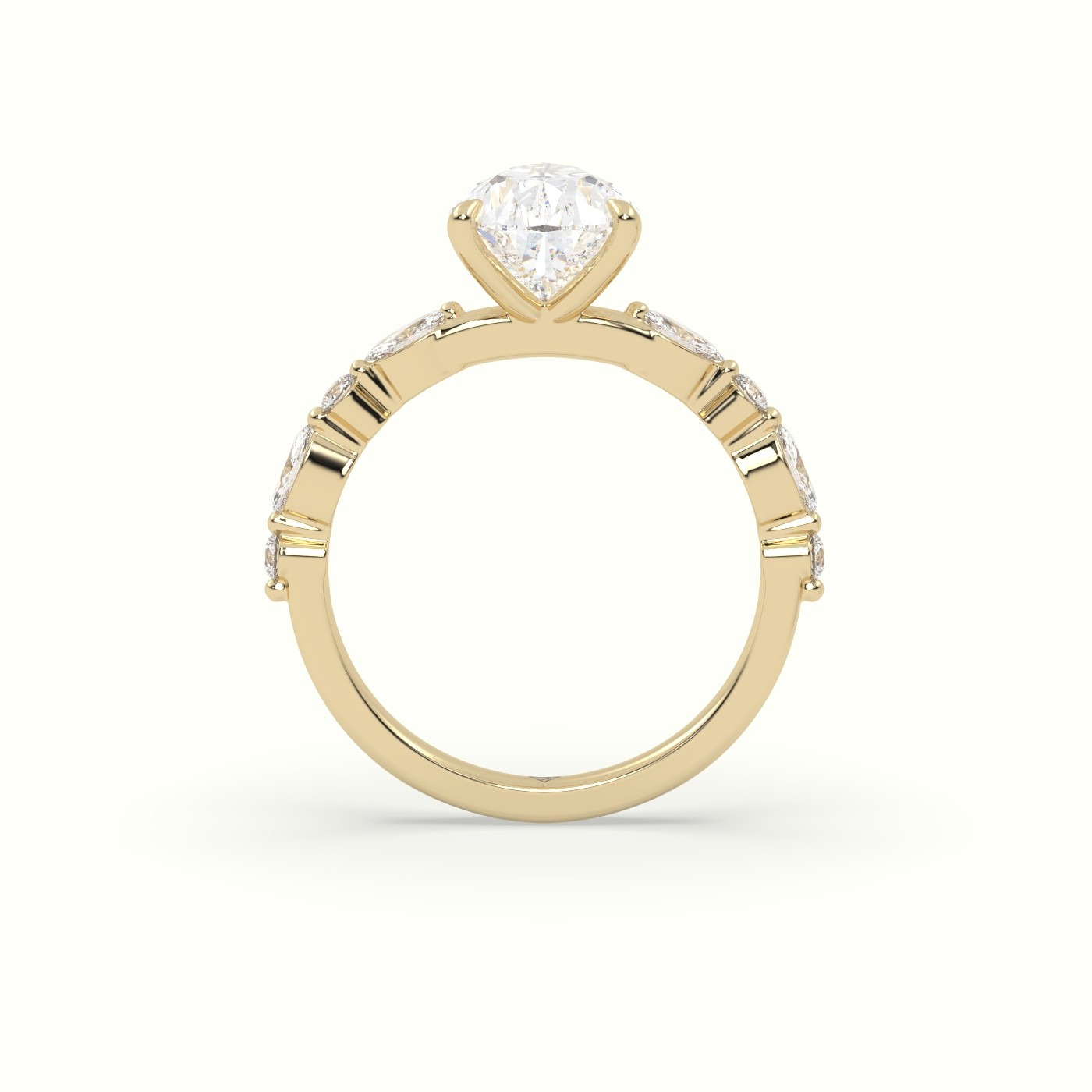 18K Yellow Gold Pear Cut Diamond Engagement Ring with Marquise and Round Side Stones