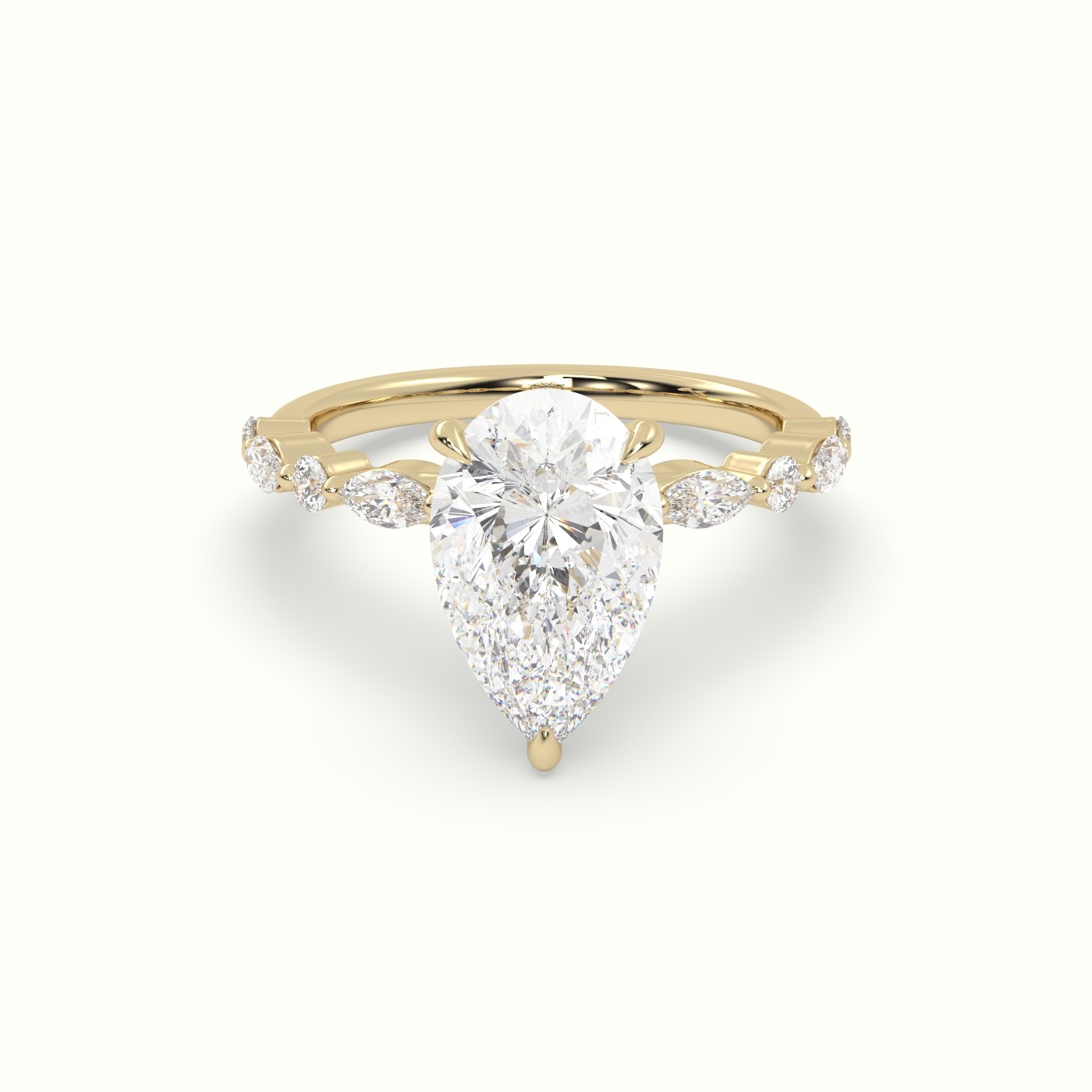 18K Yellow Gold Pear Cut Diamond Engagement Ring with Marquise and Round Side Stones