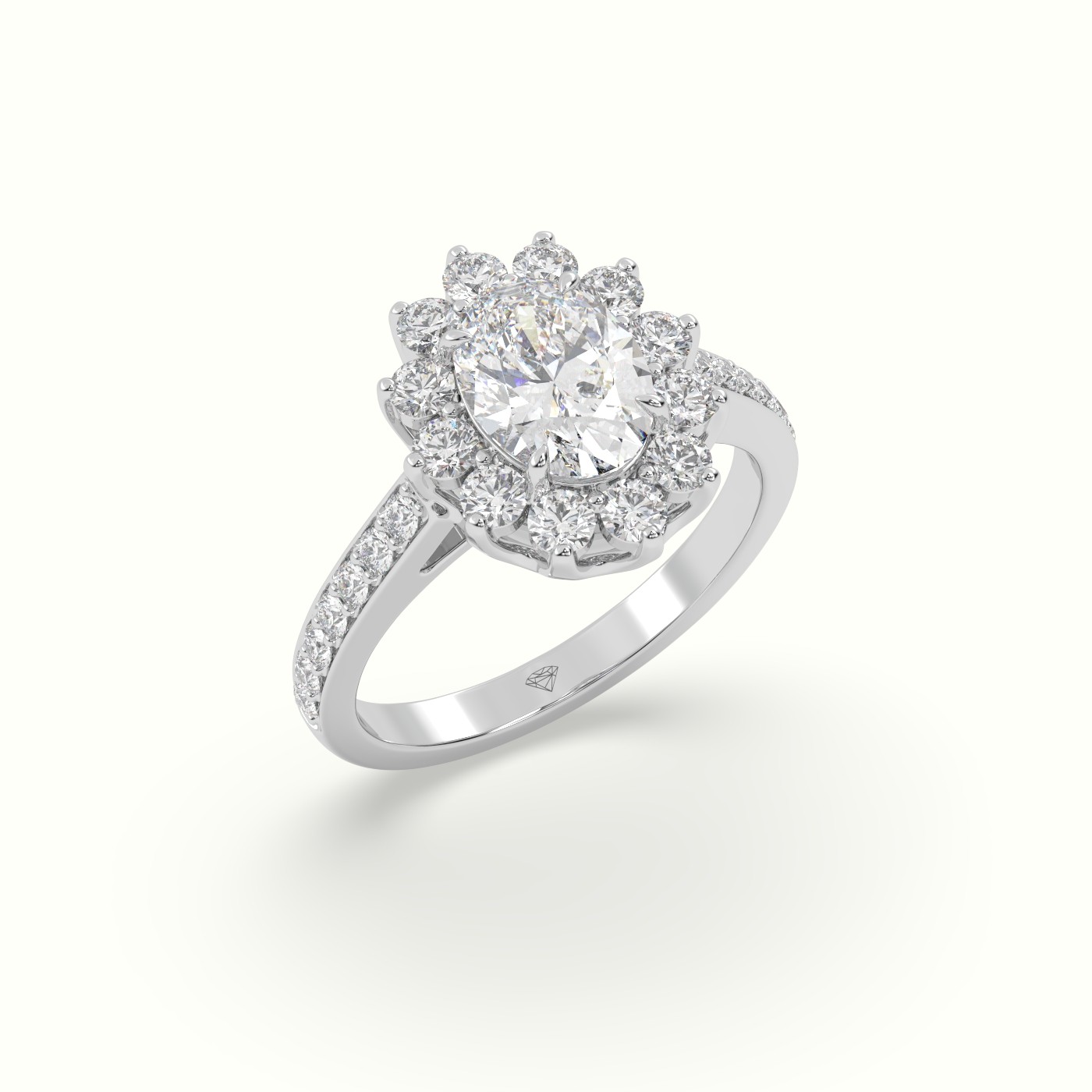 18K White Gold Oval Cut Diamond Halo Engagement Ring with Pavé-Set Diamond Band