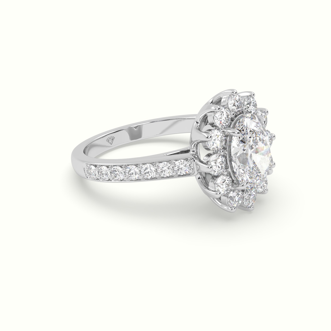 18K White Gold Oval Cut Diamond Halo Engagement Ring with Pavé-Set Diamond Band