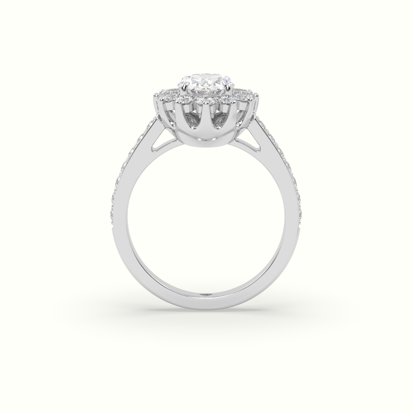 18K White Gold Oval Cut Diamond Halo Engagement Ring with Pavé-Set Diamond Band