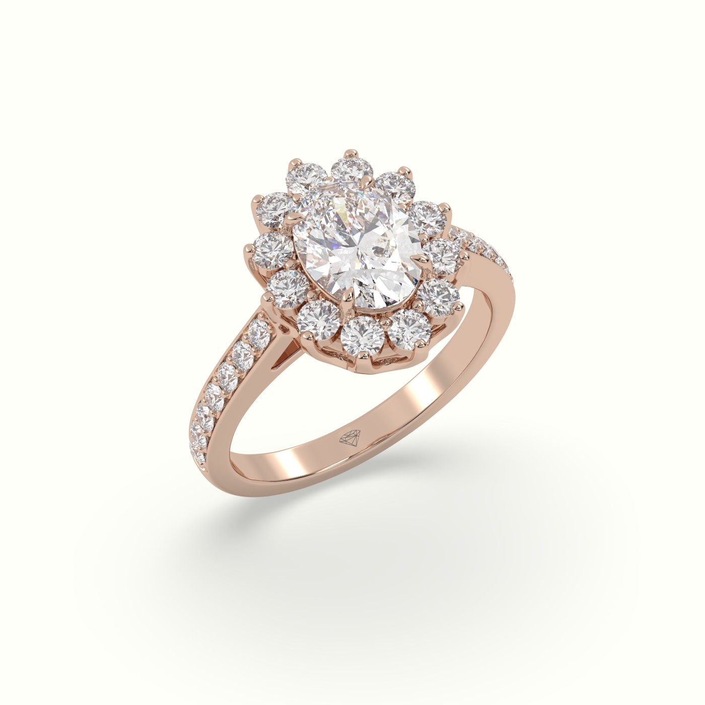 18K Rose Gold Oval Cut Diamond Halo Engagement Ring with Pavé-Set Diamond Band