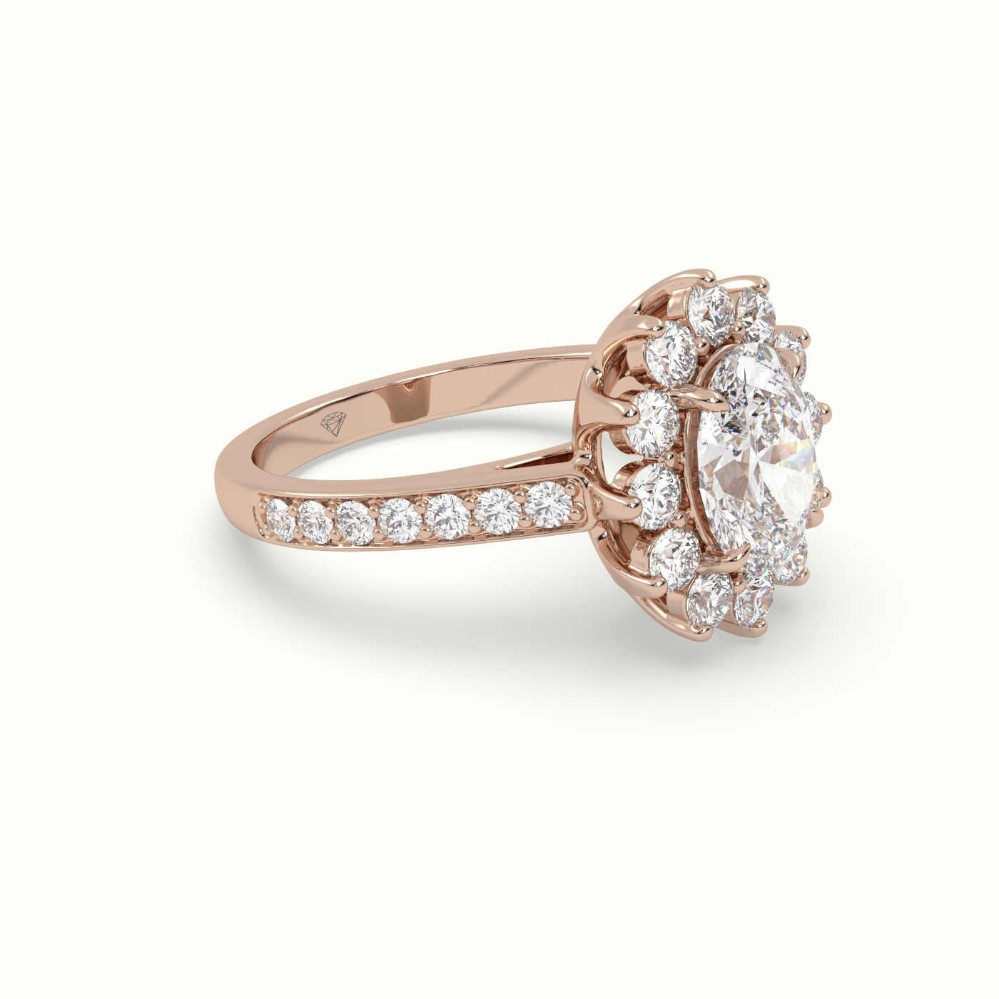 18K Rose Gold Oval Cut Diamond Halo Engagement Ring with Pavé-Set Diamond Band