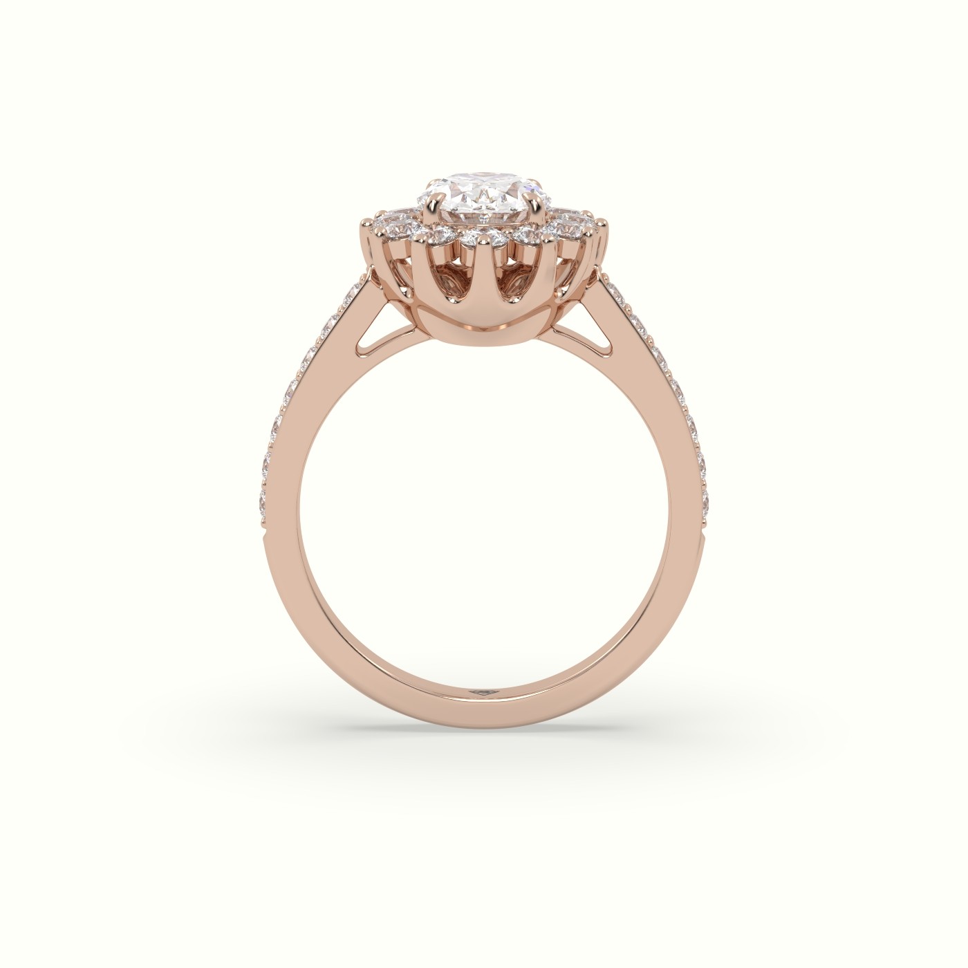 18K Rose Gold Oval Cut Diamond Halo Engagement Ring with Pavé-Set Diamond Band