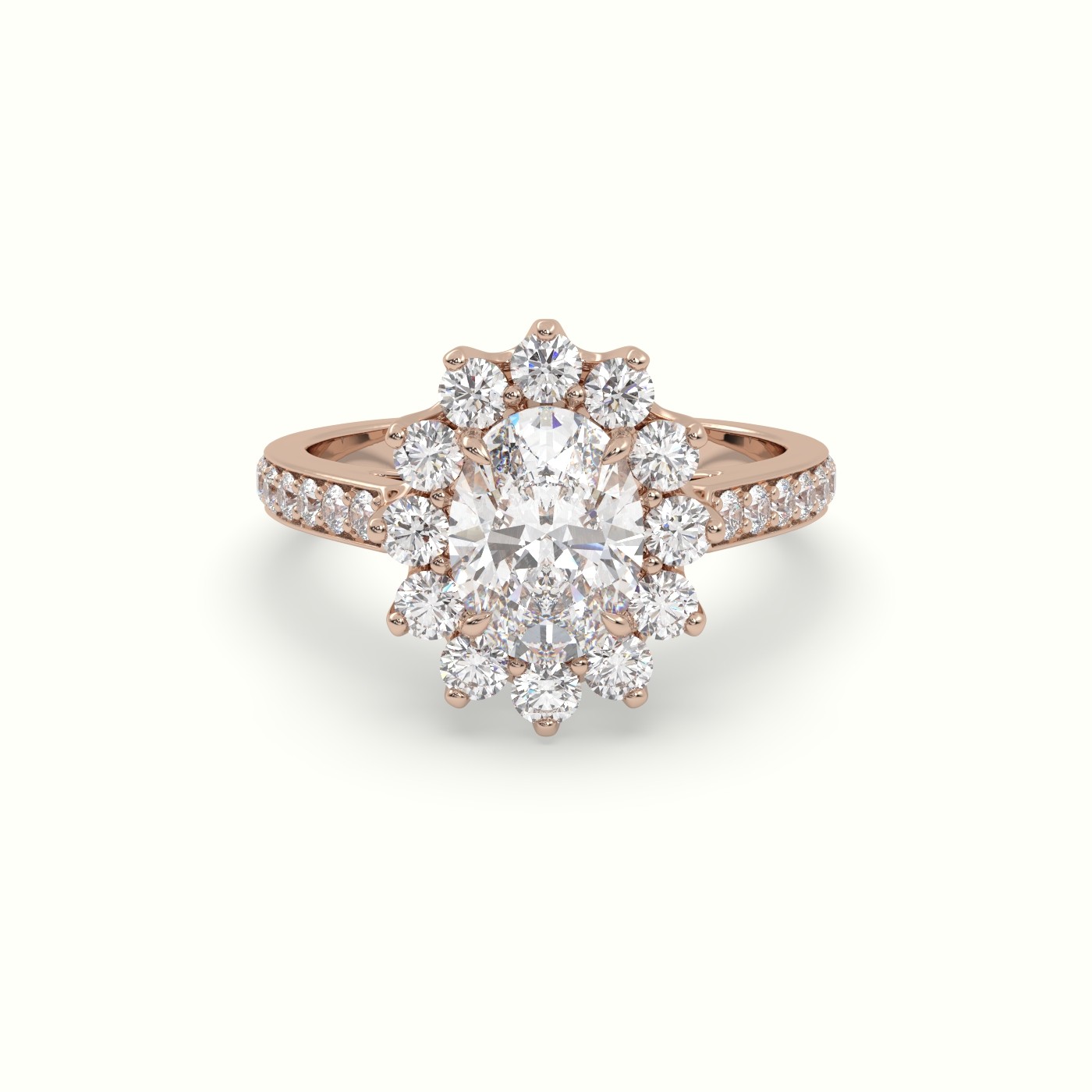 18K Rose Gold Oval Cut Diamond Halo Engagement Ring with Pavé-Set Diamond Band